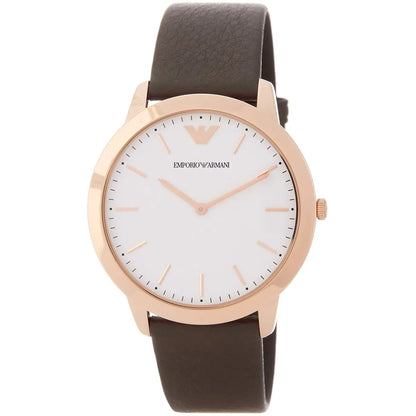 Emporio Armani Dino Slim AR1748 watch angled view showing rose gold case and dark leather strap