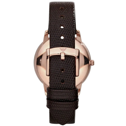 Emporio Armani Dino Slim AR1748 caseback view with rose gold case and dark leather strap