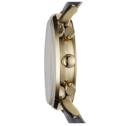 Side view of Emporio Armani Gianni watch showing gold-tone case and black leather strap