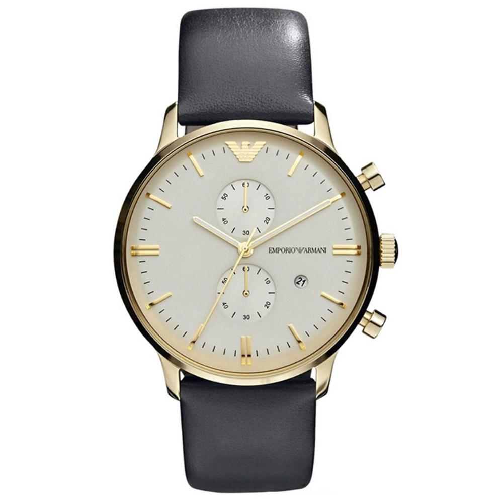 Emporio Armani Gianni gold-tone chronograph watch with cream dial and black leather strap