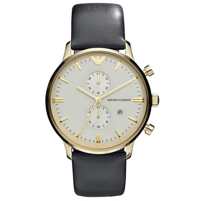 Emporio Armani Gianni gold-tone chronograph watch with cream dial and black leather strap