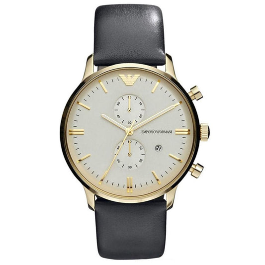 Emporio Armani Gianni gold-tone chronograph watch with cream dial and black leather strap