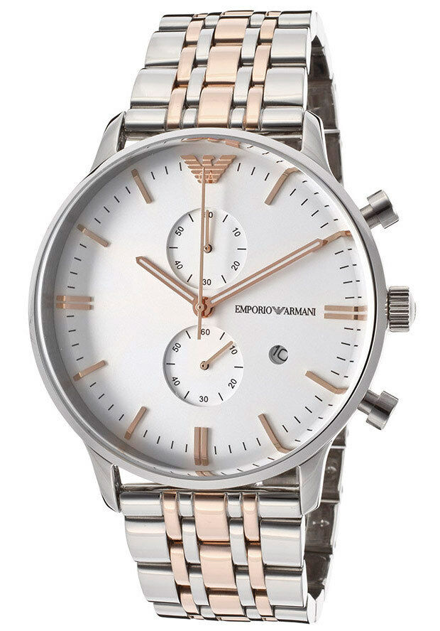 Emporio Armani Gianni XL chronograph watch angled view showing white dial and two-tone metal bracelet