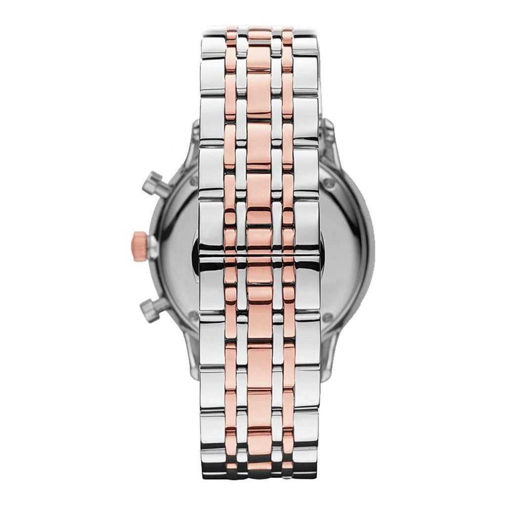 Emporio Armani Gianni XL watch caseback showing two-tone silver and rose gold bracelet detail