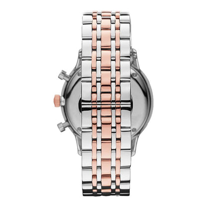 Emporio Armani Gianni XL watch caseback showing two-tone silver and rose gold bracelet detail
