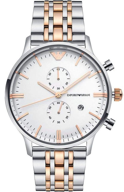 Emporio Armani Gianni XL two-tone chronograph watch with white dial, silver and rose gold bracelet