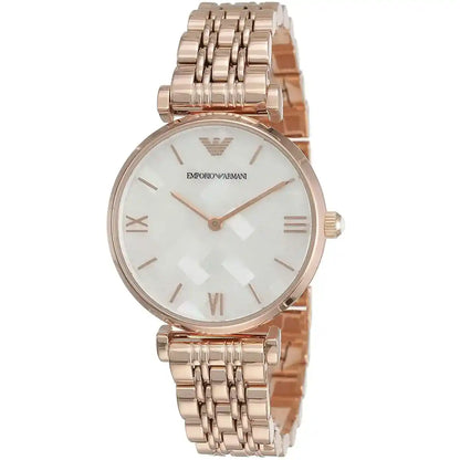 Emporio Armani Gianni rose gold watch angled view showing dial and bracelet