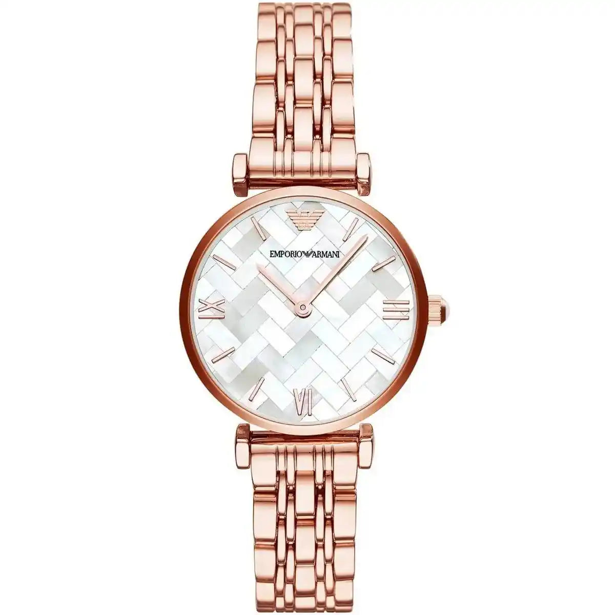 Emporio Armani Gianni rose gold women's watch with white dial and T-bar Roman numerals