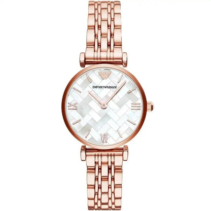 Emporio Armani Gianni rose gold women's watch with white dial and T-bar Roman numerals