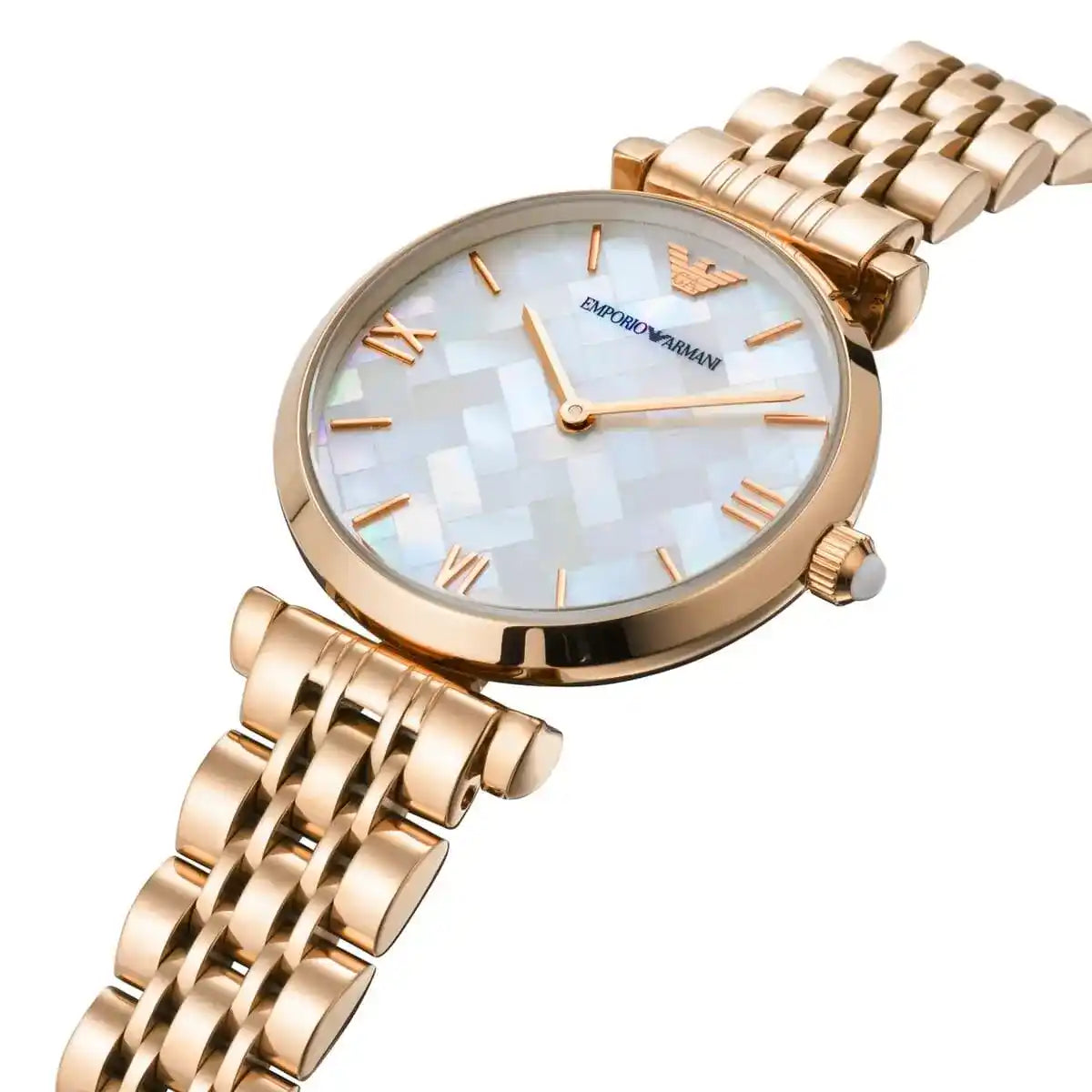 Emporio Armani Gianni rose gold watch on wrist with geometric dial pattern