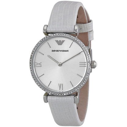 Emporio Armani Gianni T-Bar AR1680 angled view showing Roman numeral dial and white leather T-bar strap