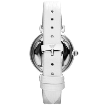 Emporio Armani Gianni T-Bar AR1680 caseback view with white strap and buckle closure