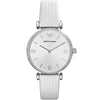 Emporio Armani Gianni T-Bar AR1680 women's watch with silver-tone case, crystal bezel, white dial and white leather strap