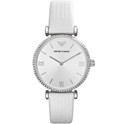 Emporio Armani Gianni T-Bar AR1680 women's watch with silver-tone case, crystal bezel, white dial and white leather strap