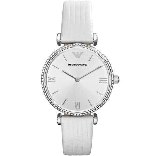Emporio Armani Gianni T-Bar AR1680 women's watch with silver-tone case, crystal bezel, white dial and white leather strap