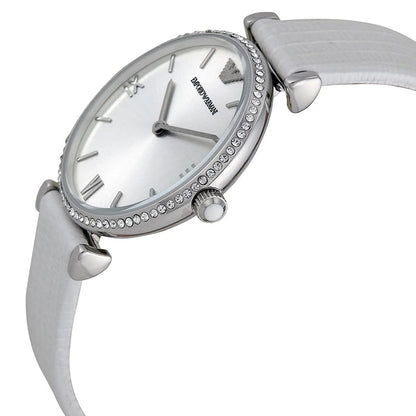 Emporio Armani Gianni T-Bar AR1680 on wrist showing crystal-set bezel and silver case profile
