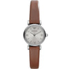 Emporio Armani Gianni T-Bar mini silver women's watch with brown leather strap and Roman numeral dial