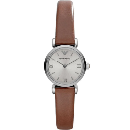 Emporio Armani Gianni T-Bar mini silver women's watch with brown leather strap and Roman numeral dial