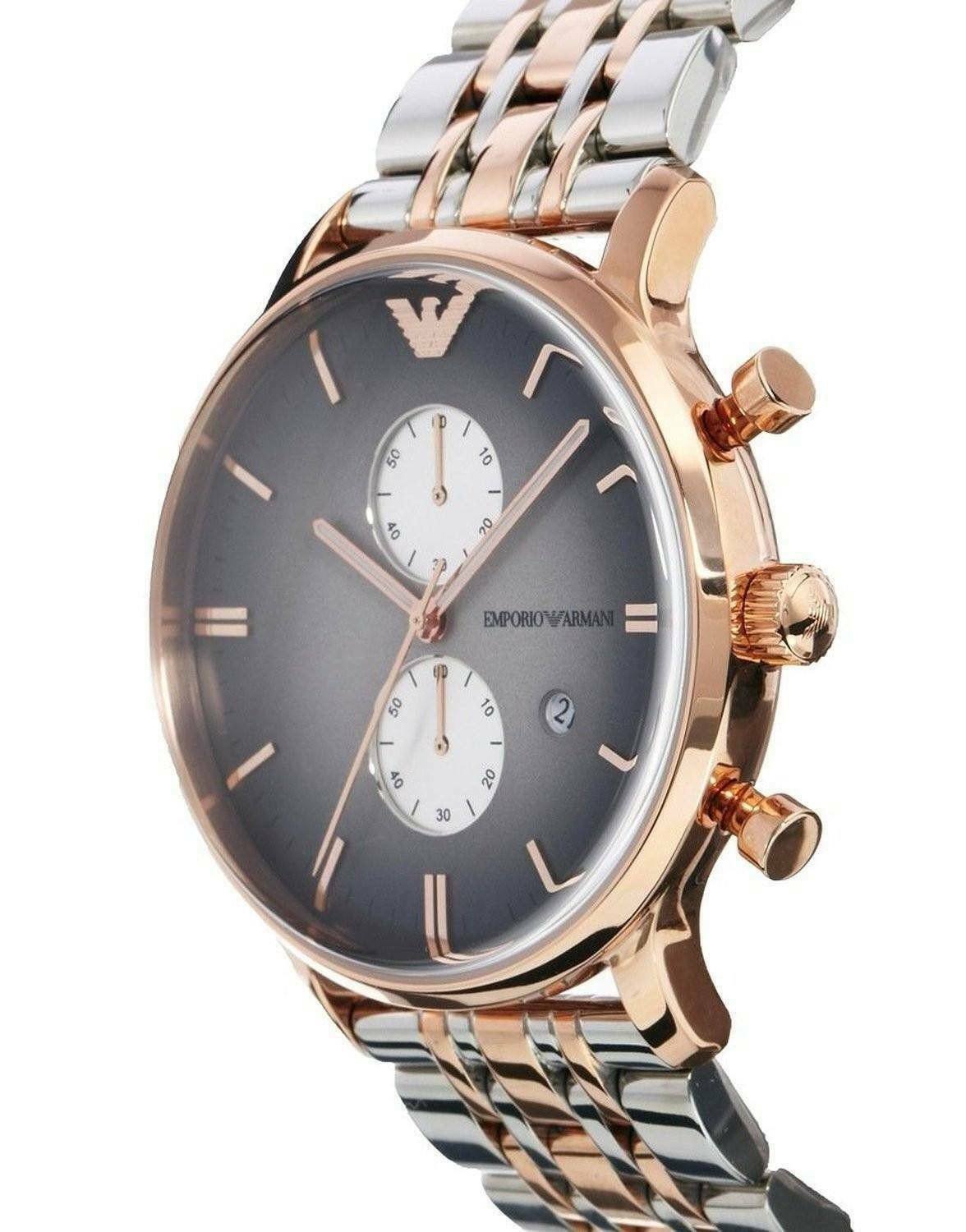 Side angle view of Emporio Armani Gianni chronograph with gray dial and mixed metal bracelet