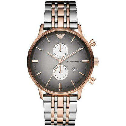 Emporio Armani Gianni gray chronograph watch with rose gold case and two-tone bracelet
