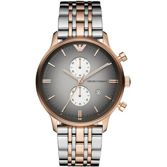 Emporio Armani Gianni gray chronograph watch with rose gold case and two-tone bracelet