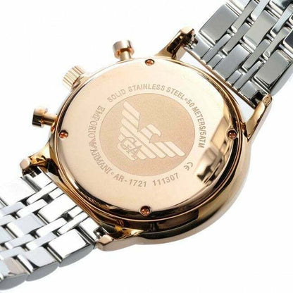 Caseback of Emporio Armani Gianni AR1721 showing stainless steel and model number