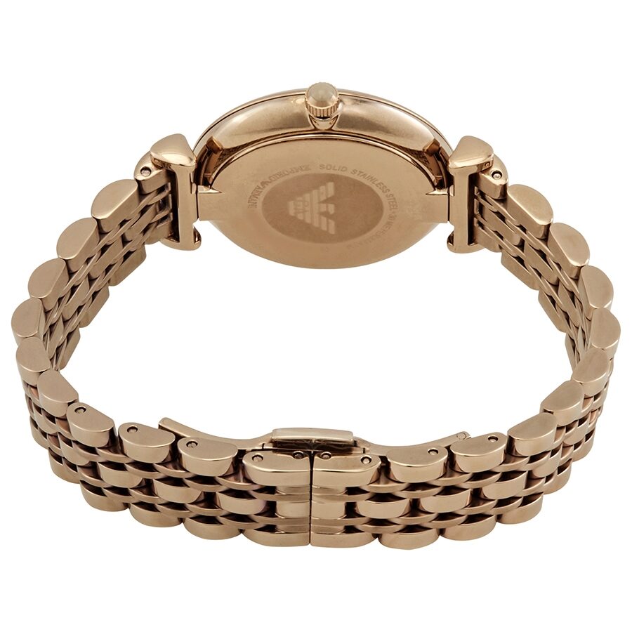 Caseback view of Emporio Armani Gianni T-Bar watch with Emporio Armani eagle logo and bracelet