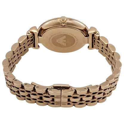 Caseback view of Emporio Armani Gianni T-Bar watch with Emporio Armani eagle logo and bracelet