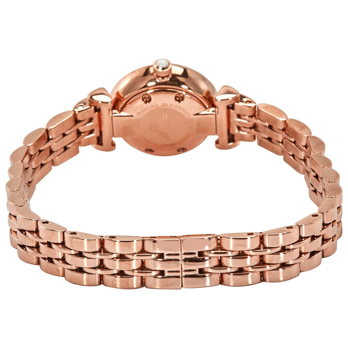 Emporio Armani Gianni T-Bar caseback view showing rose gold three-row stainless steel bracelet