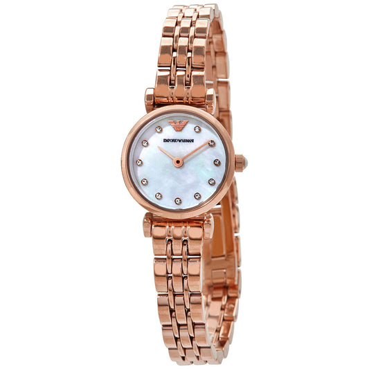 Emporio Armani Gianni T-Bar rose gold ladies watch with white crystal dial and purple crystal markers