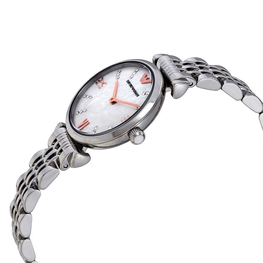 Side angle view of Emporio Armani Gianni T-Bar watch showing profile and bracelet