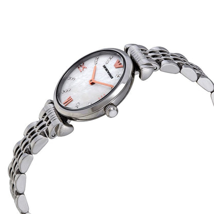 Side angle view of Emporio Armani Gianni T-Bar watch showing profile and bracelet