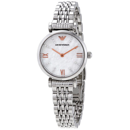 Emporio Armani Gianni T-Bar women's watch with white mother-of-pearl dial and silver bracelet