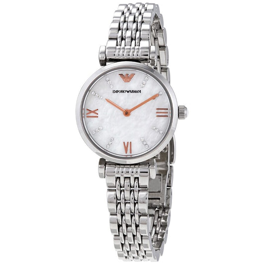 Emporio Armani Gianni T-Bar women's watch with white mother-of-pearl dial and silver bracelet