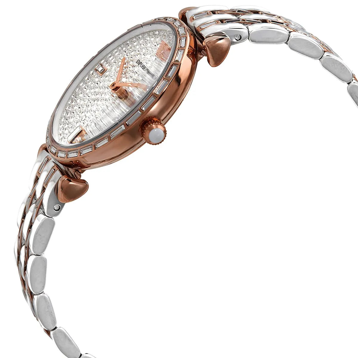 Emporio Armani Gianni T-Bar watch side angle showing rose gold case and stainless steel strap
