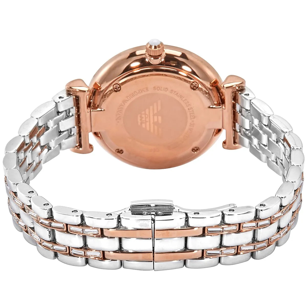 Emporio Armani Gianni T-Bar watch caseback showing rose gold metal backing with logo
