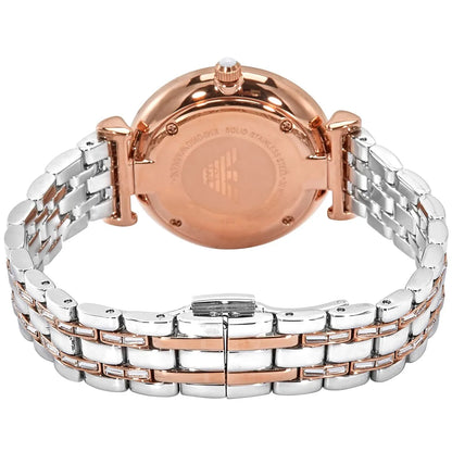 Emporio Armani Gianni T-Bar watch caseback showing rose gold metal backing with logo