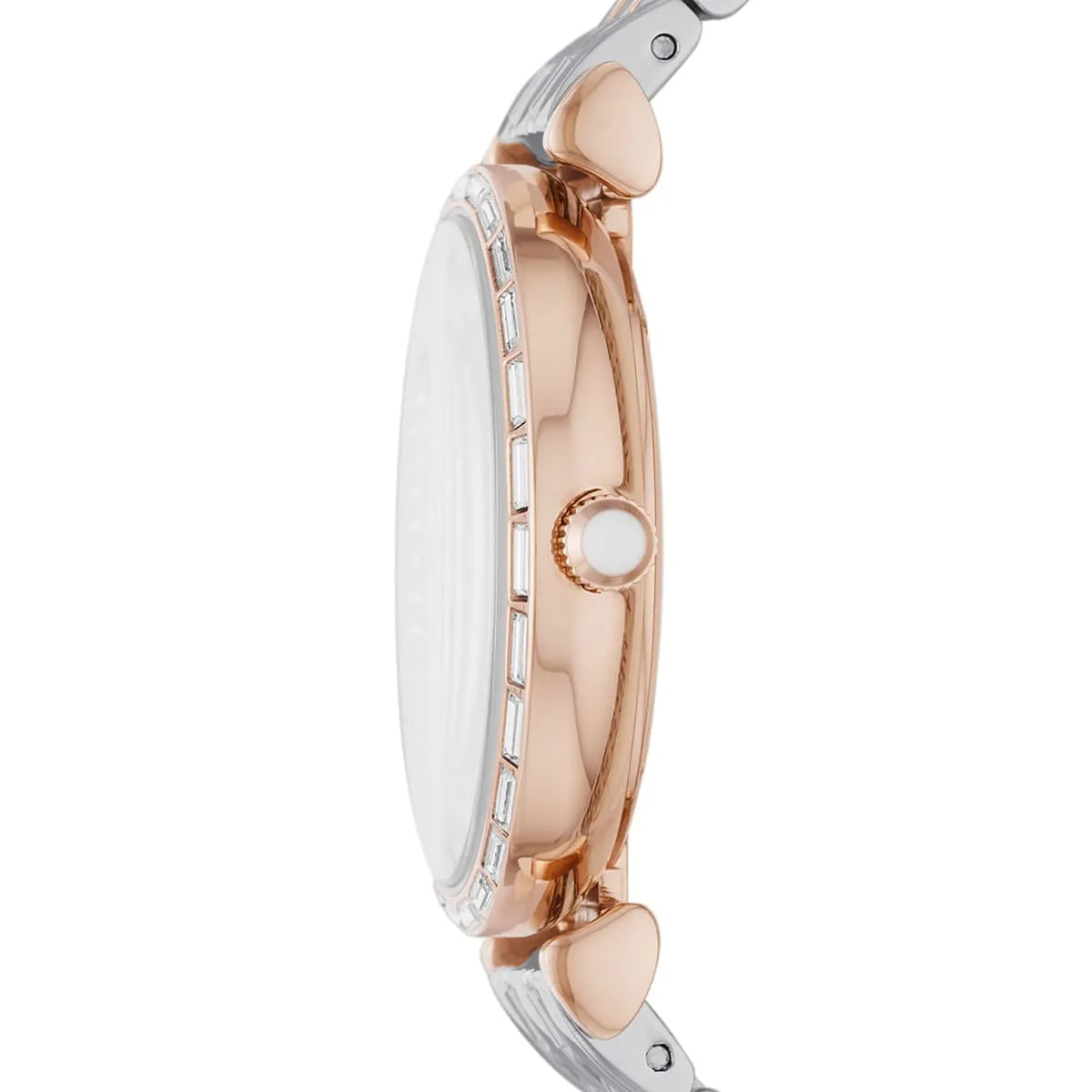Emporio Armani Gianni T-Bar watch profile view with rose gold case and heart-shaped lugs