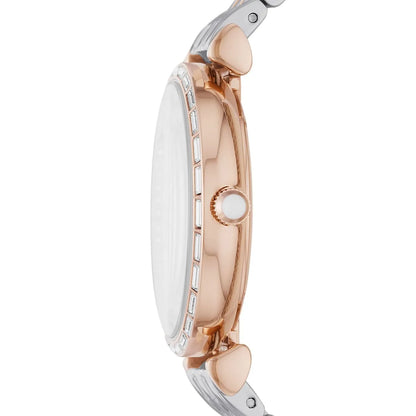 Emporio Armani Gianni T-Bar watch profile view with rose gold case and heart-shaped lugs