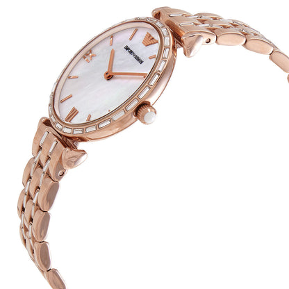 Side angle view of Emporio Armani Gianni T-Bar watch showing rose gold case, crystal bezel, and bracelet detail