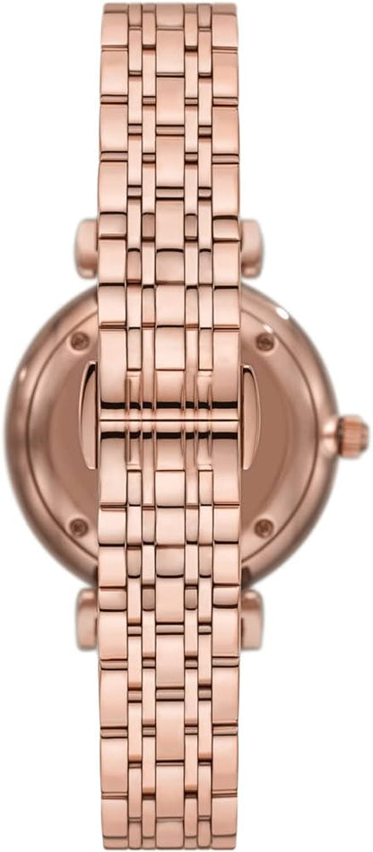 Caseback view of Emporio Armani Gianni watch showing rose gold bracelet link detail