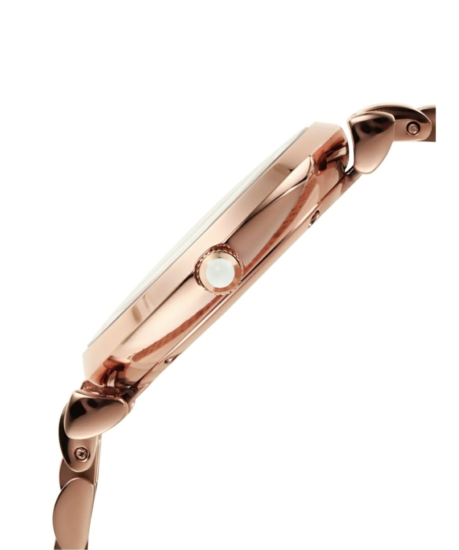 Side profile view of Emporio Armani Gianni watch showing T-bar crown and rose gold case