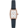Emporio Armani Gianni T-Bar women's watch with rose gold case, diamond-set bezel, white dial, and navy leather strap