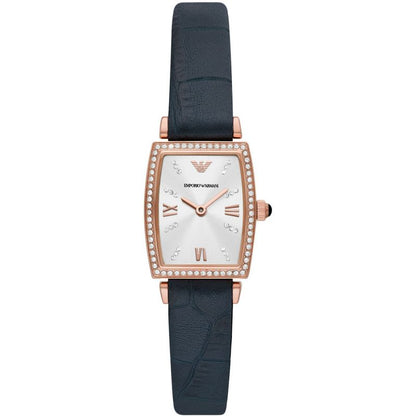 Emporio Armani Gianni T-Bar women's watch with rose gold case, diamond-set bezel, white dial, and navy leather strap