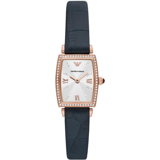 Emporio Armani Gianni T-Bar women's watch with rose gold case, diamond-set bezel, white dial, and navy leather strap