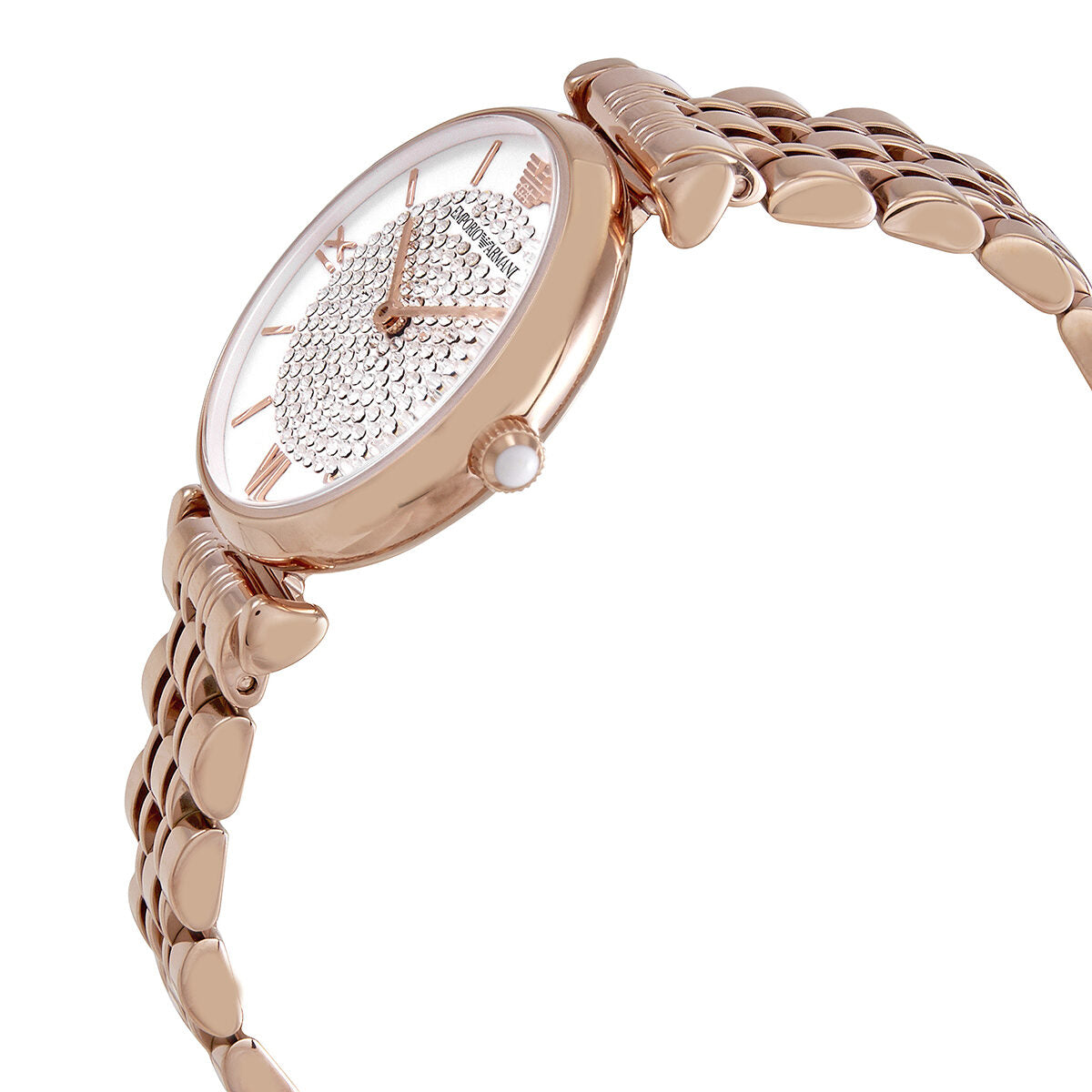 Side angle view of Emporio Armani Glitz watch showing rose gold case profile and crystal dial