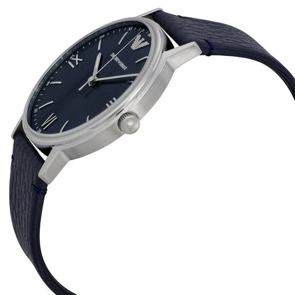 Side angle view of Emporio Armani Kappa watch showing silver case and blue leather strap