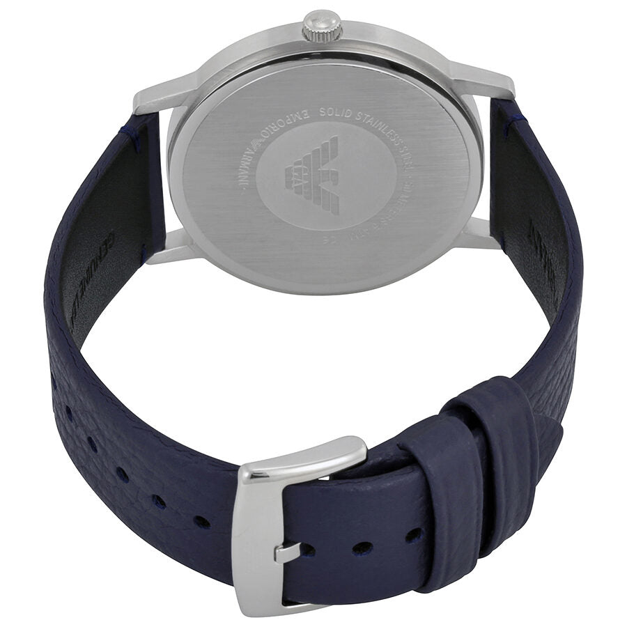Caseback of Emporio Armani Kappa watch showing Emporio Armani eagle logo and navy leather strap