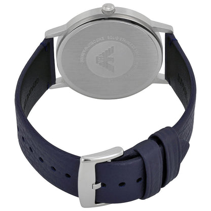 Caseback of Emporio Armani Kappa watch showing Emporio Armani eagle logo and navy leather strap