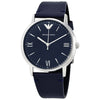 Emporio Armani Kappa quartz watch with blue dial, Roman numeral markers, and navy leather strap